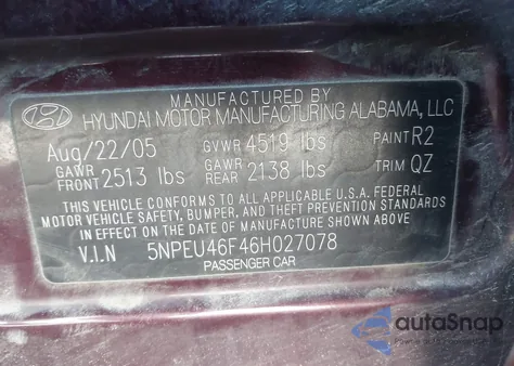 2006 Hyundai Sonata Gls V6/Lx V6 z USA, uszkodzony, nr VIN 5NPEU46F46H027078